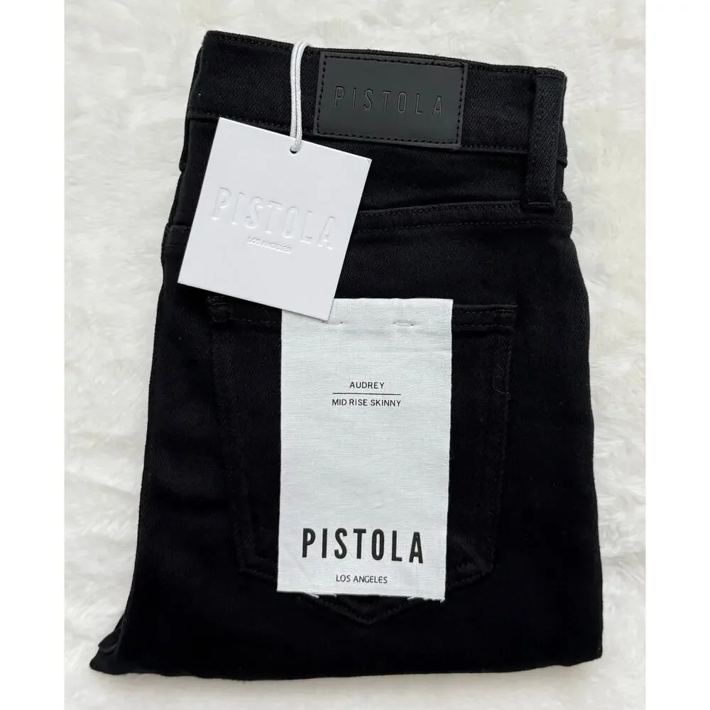 Pistola Audrey Mid Rise Skinny Jeans Dark Vinyl Black Stretch Size 27 NWT